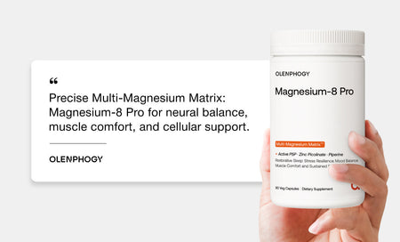 Hand holding Olenphogy Magnesium-8 Pro bottle with Multi-Magnesium Matrix for neural balance, muscle comfort, and cellular support