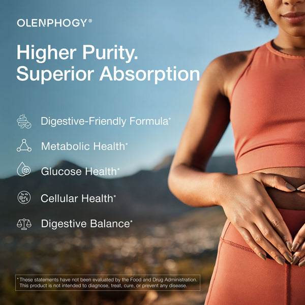 Woman in activewear outdoors, promoting digestive-friendly formula for metabolic and cellular health.