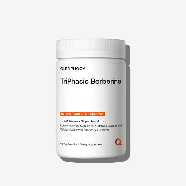 TriPhasic Berberine dietary supplement bottle with HCl, DHB, liposomal delivery, benfotiamine & ginger root extract