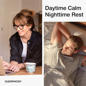 Woman working calmly at laptop, man resting peacefully in bed — daytime calm, nighttime rest support