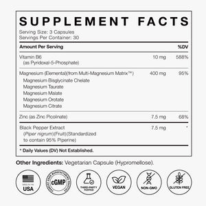 Supplement facts label showing magnesium, zinc, vitamin B6, and black pepper extract in vegan, non-GMO capsules