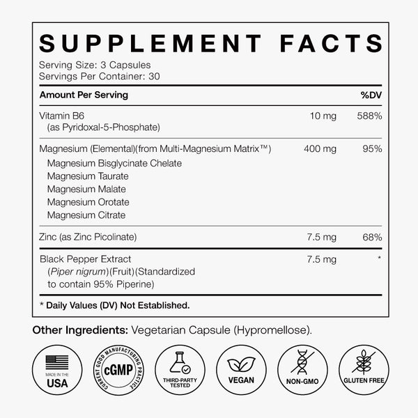 Supplement facts label showing magnesium, zinc, vitamin B6, and black pepper extract in vegan, non-GMO capsules