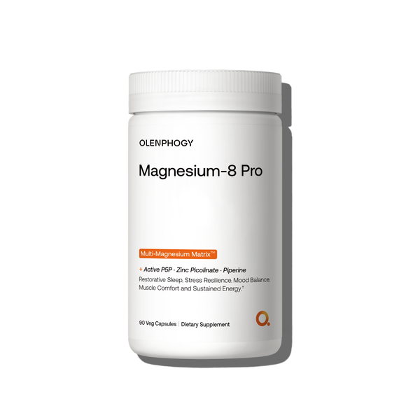 Magnesium-8 Pro supplement bottle with Multi-Magnesium Matrix for sleep, stress resilience, mood balance, and energy
