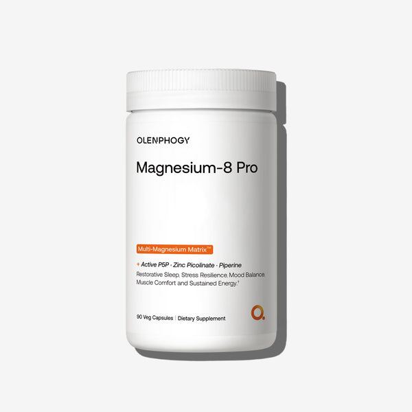 Magnesium-8 Pro supplement bottle with Multi-Magnesium Matrix for sleep, stress resilience, and energy support