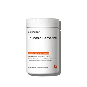 TriPhasic Berberine supplement bottle with HCl, DHB, liposomal delivery, benfotiamine, ginger root extract for metabolic and GI support