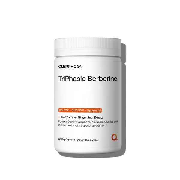 TriPhasic Berberine supplement bottle with HCl, DHB, liposomal delivery, benfotiamine, ginger root extract for metabolic and GI support